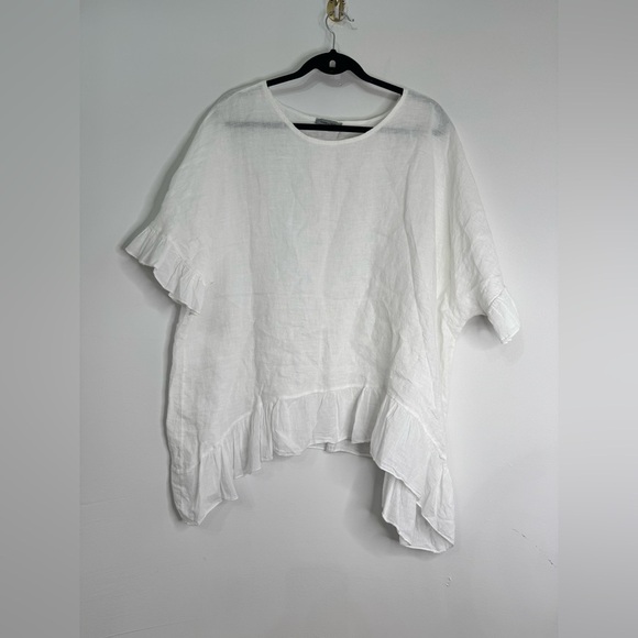 Angela Mara Tops - Women’s Angela Mara Oversized Made In Italy Ruffled Hem & Sleeve 100% Linen Top